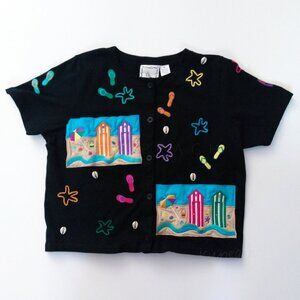 Michael Simon Lite Top Medium Black Vintage Mixed Media Coastal Grandma Beach